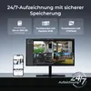 A monitor displaying a multi-camera security feed and a smartphone showing a similar interface, with text overlays highlighting features. Produktbild-Vorschau