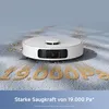 A white robot vacuum cleaner is shown on a carpet, with sand-like particles being swept up to form the numbers '19.000 Pa'. The bottom of the image has text. Produktbild-Vorschau