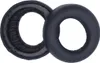 Two black ear pads for headphones are shown against a white background. One ear pad is shown from the side, revealing its inner padding and attachment mechanism. The other ear pad is shown from the front, displaying its smooth outer surface. Anteprima dell’immagine prodotto