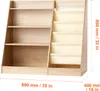 A wooden bookshelf with multiple shelves and fabric pockets, displaying dimensions. Anteprima dell’immagine prodotto