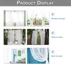 Collage of images showing different applications of white lace curtains, including window, patio, and door settings. Produktbild-Vorschau