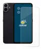 A black smartphone is shown next to a clear screen protector. The phone's display shows a logo and outlines of camera lenses. Produktbild-Vorschau