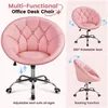 A collage showing a pink office desk chair from different angles and highlighting its features. Produktbild-Vorschau