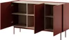 A red sideboard with open doors, revealing shelves inside, set against a white background. Produktbild-Vorschau