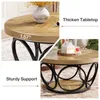 Collage of images showing a round coffee table with a wooden top and a black metal base, highlighting its features. Produktbild-Vorschau