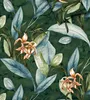 A close-up of a floral pattern with large leaves and orchids on a dark green marbled background. Produktbild-Vorschau
