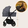 A stroller with a bassinet attachment, shown with a measurement indicator and a circular inset image of a woman interacting with a similar stroller outdoors. Produktbild-Vorschau