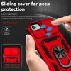 A hand holding a red iPhone case with a sliding camera cover and a ring stand. Produktbild-Vorschau