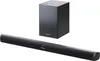 A black soundbar and subwoofer are displayed against a white background. Produktbild-Vorschau