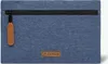 A close-up of a blue toiletry bag with a brown leather logo. Voir les images du produit