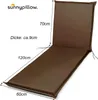 A brown chaise lounge cushion with dimensions indicated by text overlays. Produktbild-Vorschau