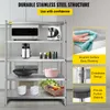 A stainless steel shelving unit with various kitchen items on its shelves, presented in a kitchen setting. Insets highlight product features. Podgląd zdjęcia produktu