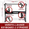 A diagram of a black keyboard stand with callouts highlighting its features and dimensions. Produktbild-Vorschau