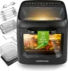 A black air fryer oven with various accessories displayed next to it. The oven has a transparent front window showing food inside and a digital display on top. A green banner with text is attached to the front. Voir les images du produit