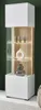 A modern white vitrine with wooden accents and glass shelves, displaying decorative items. Produktbild-Vorschau