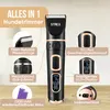A product image of a dog grooming clipper with various features highlighted by text and callout boxes. Voir les images du produit