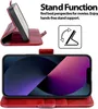 A red flip case for a smartphone is shown in two configurations: one open and standing, and another showing the phone inside the case. Náhľad obrázku produktu