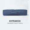A dark blue cushion with a handle is shown against a white background. Text below the cushion describes its features. Náhled obrázku produktu