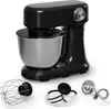 A black stand mixer with its accessories displayed in front of it, on a white background. Produktbild-Vorschau