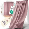 A pink curtain is shown hanging, with a close-up inset of the same curtain in a room setting. There are also product tags and certification labels visible. Produktbild-Vorschau