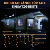 A wooden cabin decorated with white icicle lights at night, with a diagram showing the dimensions of the lights below. Produktbild-Vorschau