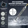A close-up of a waterproof inspection camera with text and graphics highlighting its features. Podgląd zdjęcia produktu