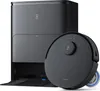 A black robot vacuum cleaner and its charging station are shown against a white background. Produktbild-Vorschau