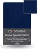 A dark blue fitted sheet with a close-up inset showing the texture of the fabric. Produktbild-Vorschau
