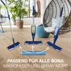 A collection of Bona spray mops and a microfiber cleaning pad arranged on a wooden floor, with decorative elements in the background. Produktbild-Vorschau