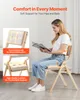 A woman is sitting on a chair and reading a book. The chair is made of wood and has a beige cushion. There are also inset images showing details of the chair. Náhled obrázku produktu