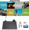 A collage of images showing applications for a solar panel and charger, followed by an image of the solar panel and its accessories. Podgląd zdjęcia produktu