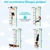 A collage of four images showing different people using a metal climbing frame with various accessories. Produktbild-Vorschau