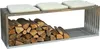 A metal firewood rack with three white cushions on top, filled with logs. Produktbild-Vorschau