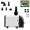 A submersible water pump with various attachments, shown on a white background, with a small inset image of a garden water feature. Produktbild-Vorschau