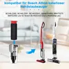 An illustration showing how to insert a filter into a vacuum cleaner part, followed by two vacuum cleaners. Produktbild-Vorschau