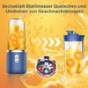 A portable blender is shown in action, with oranges and juice splashing around it, against a vibrant orange and yellow background. The image also includes a close-up of the blender blades with strawberries and ice, and another image of the blender with ora Voir les images du produit
