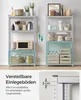 Two SONGMICS shelving units are shown side-by-side, demonstrating adjustable shelf heights and storage options. The text highlights adjustable shelves. Produktbild-Vorschau
