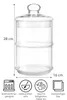 A clear, studio shot of a two-tiered glass candy jar with a lid, with dimensions and feature icons displayed. Produktbild-Vorschau