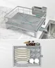 A two-part image showing a dish drying rack. The top part shows the rack empty and positioned over a sink, with water draining. The bottom part shows the rack filled with plates, cups, and cutlery. Produktbild-Vorschau