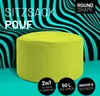 A lime green pouf sits in front of a background with black and teal wavy lines. Text overlays describe features. Anteprima dell’immagine prodotto