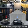 A collage of images showing a carport in different weather conditions (rain, snow, sun, wind) and two cars, one outside and one inside the carport. The text "Wetterfester, ganzjähriger Schutz" is at the bottom. Náhled obrázku produktu