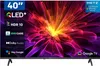 A television screen displaying a colorful abstract image, with various feature callouts and brand logos on the left and right sides. Produktbild-Vorschau