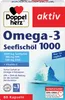 The image shows the front packaging of a Doppelherz Omega-3 Seefischöl 1000 product, featuring the brand logo, product name, dosage information, and a graphic of an iceberg. Produktbild-Vorschau