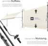 A cream-colored awning is shown attached to poles, with text and diagrams explaining its features. Náhled obrázku produktu