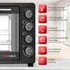 A close-up view of a black mini oven with its control panel and a series of feature callouts on the right side. Produktbild-Vorschau