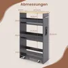 A diagram showing the dimensions of a narrow shelving unit with wheels. Podgląd zdjęcia produktu