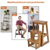 A collage of images showing a wooden step stool, a man sitting on a stool, a shelf unit, and a child using a step stool in a kitchen. Podgląd zdjęcia produktu