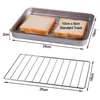 A baking tray with two slices of toast and a separate wire rack, with dimensions indicated by measurement lines and text. Produktbild-Vorschau