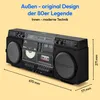 A black retro boombox with text overlays indicating its design and dimensions. Produktbild-Vorschau