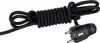 A black power cord is coiled and lies on a white background. A black plug with two prongs is attached to one end of the cord. Produktbild-Vorschau